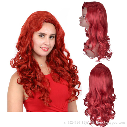 factory wholesale price 28 inch long wavy copper red synthetic wig in stock